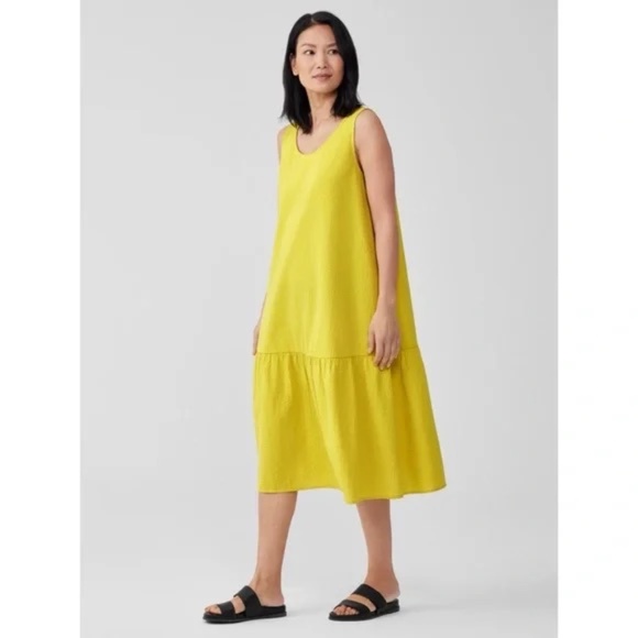 Eileen Fisher Organic Cotton Ripple Tiered Dress in Sunbeam SP - Picture 2 of 6